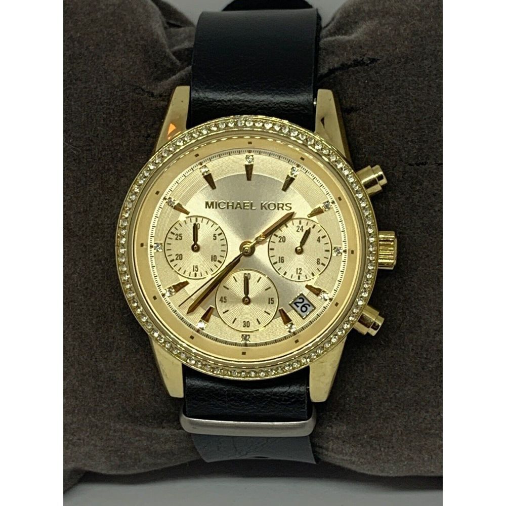 Michael Kors MK6328 Women's Black Leather Analog Gold Dial Quartz Watch GE346